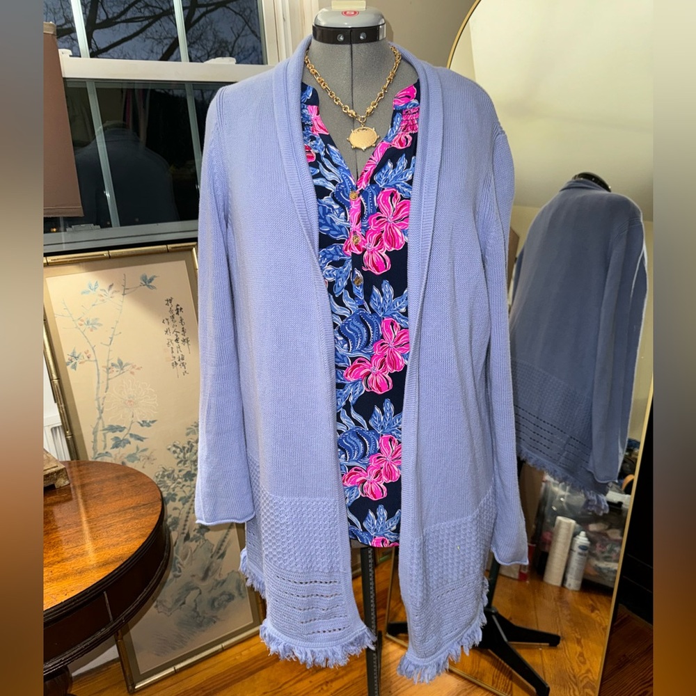 G.U.C. Lilly Pulitzer Noble Fringe Open Cardigan Size XXL Periwinkle?